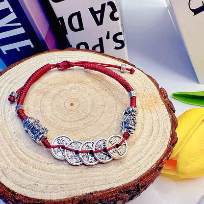 GalaxGrace Hand-woven Five Emperor Coin Pixiu String Bracelet