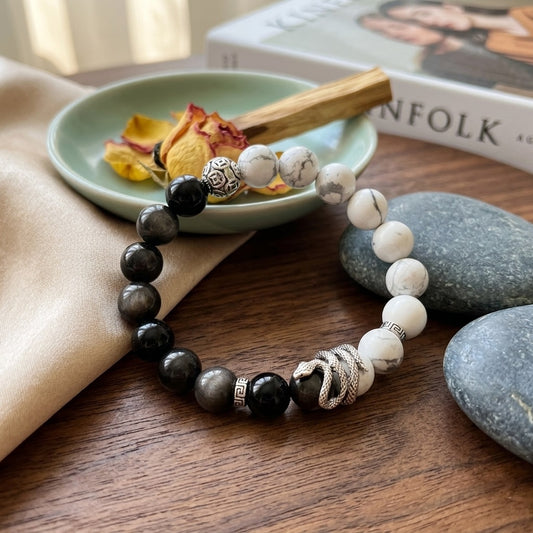 GalaxGrace Silver Obsidian White Turquoise Lucky Snake Bracelet Best Gift