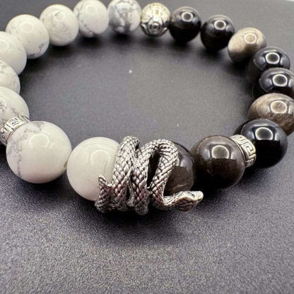Snake Year Silver Obsidian White Turquoise Lucky Snake Bracelet - GalaxGrace Bestgift