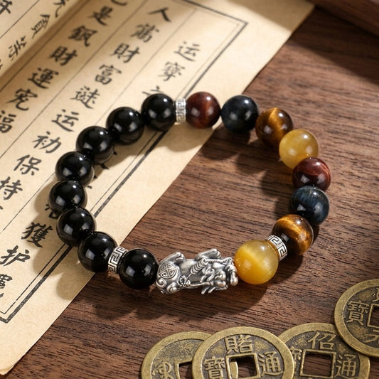 GalaxGrace Silver Pixiu Black Agate Tiger Eye Stone Bracelet Best Gift