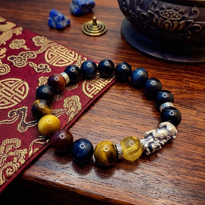 GalaxGrace Silver Pixiu Black Agate Tiger Eye Stone Bracelet Best Gift 1