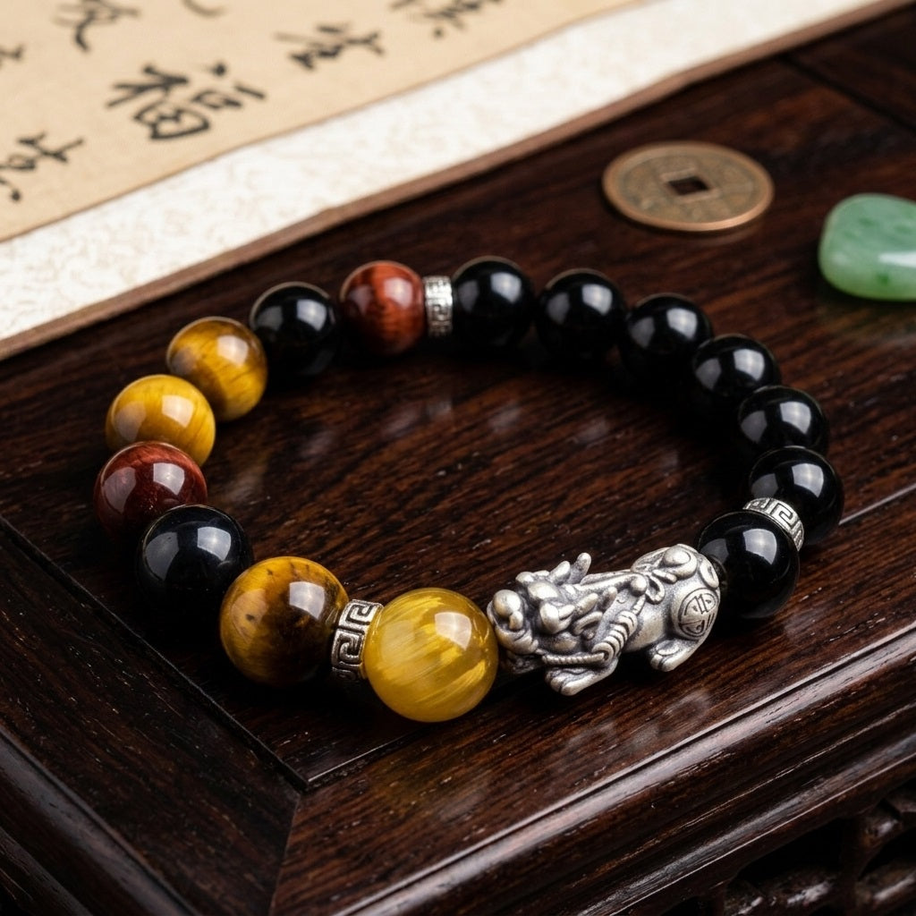 GalaxGrace Silver Pixiu Black Agate Tiger Eye Stone Bracelet Best Gift 2