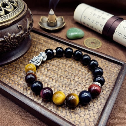 GalaxGrace Silver Pixiu Black Agate Tiger Eye Stone Bracelet Best Gift 3