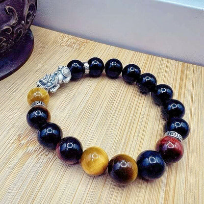 GalaxGrace Silver Pixiu Black Agate Tiger Eye Stone Bracelet