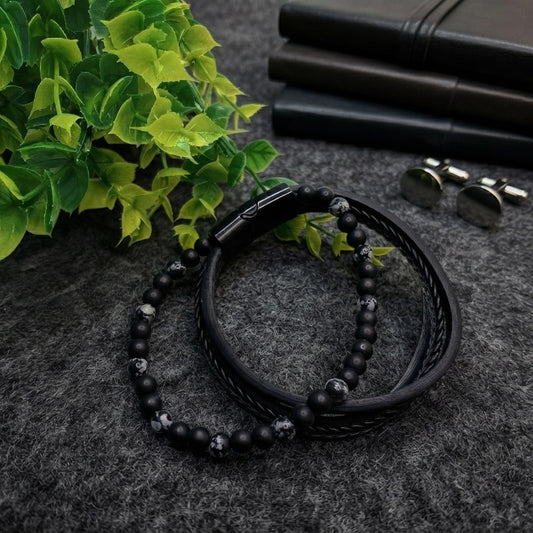 GalaxGrace Stone Beads Leather Magnetic Clasp Men's Bracelet Best Gift