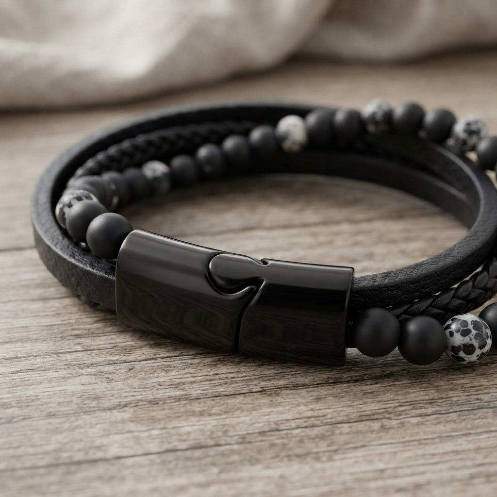 GalaxGrace Stone Beads Leather Magnetic Clasp Men's Bracelet Best Gift 1