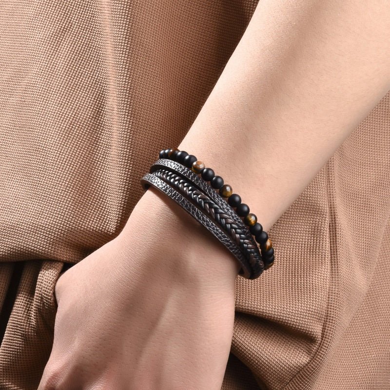 GalaxGrace Stone Beads Leather Magnetic Clasp Men's Bracelet Best Gift 3