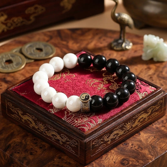 GalaxGrace Tai Chi Beads Taoist Instruments White Porcelain Obsidian Bagua Bracelet Best Gift 