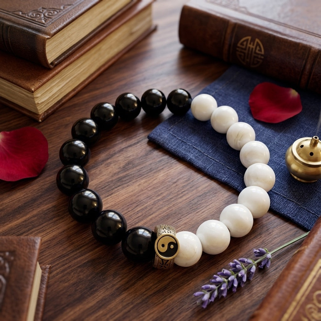 GalaxGrace Tai Chi Beads Taoist Instruments White Porcelain Obsidian Bagua Bracelet Best Gift 2