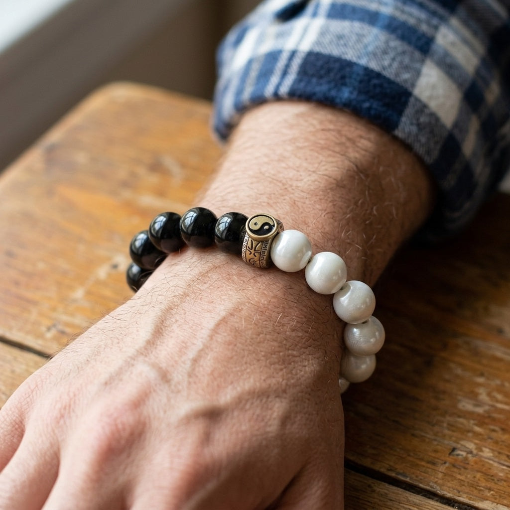 GalaxGrace Tai Chi Beads Taoist Instruments White Porcelain Obsidian Bagua Bracelet Best Gift 5