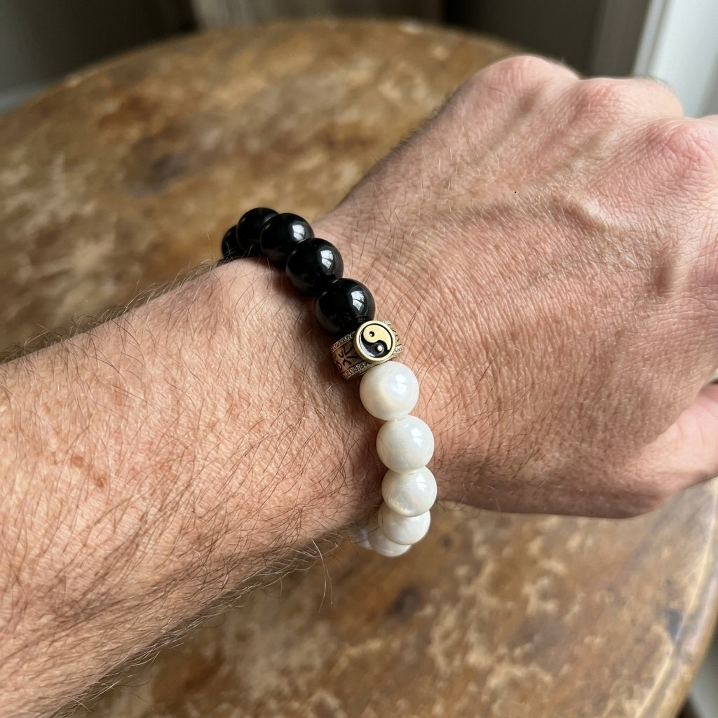 GalaxGrace Tai Chi Beads Taoist Instruments White Porcelain Obsidian Bagua Bracelet Best Gift 6