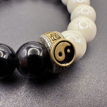 GalaxGrace Tai Chi Beads Taoist Instruments White Porcelain Obsidian Bagua Bracelet Best Gift 7