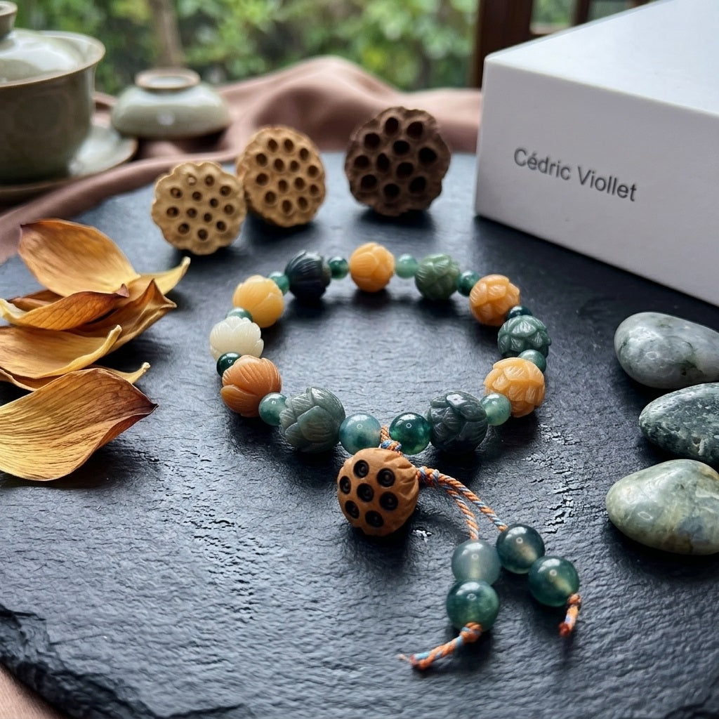 GalaxGrace Water Grass Agate God of Wealth Lotus Bodhi Root Bracelet Best Gift 1