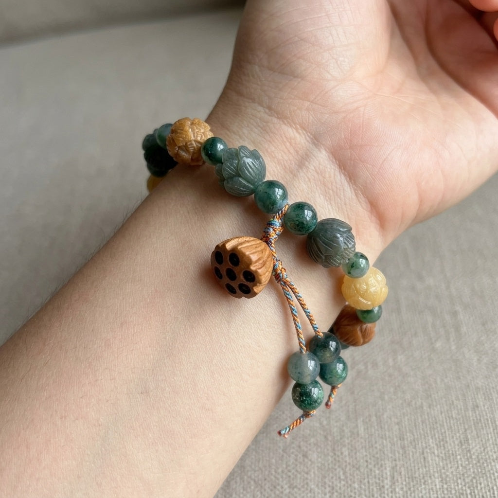 GalaxGrace Water Grass Agate God of Wealth Lotus Bodhi Root Bracelet Best Gift 5