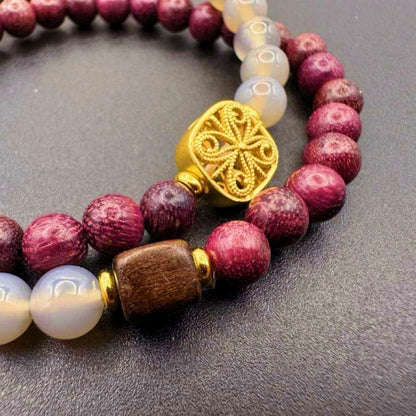 GalaxGrace Perilla Wood Smoke Purple Gray Agate Double Circle Bracelet Gourd Pendant