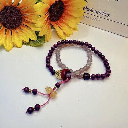 GalaxGrace Perilla Wood Smoke Purple Gray Agate Double Circle Bracelet Gourd Pendant