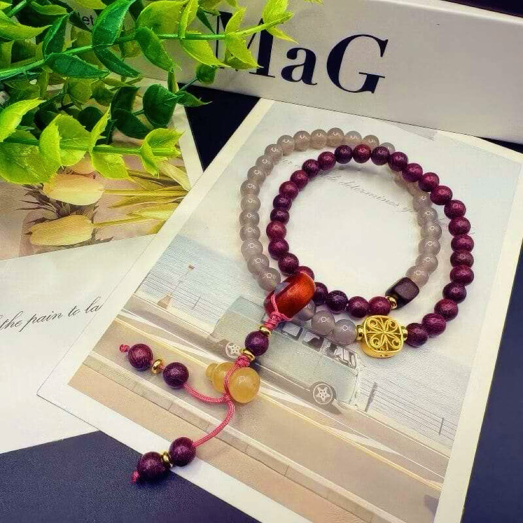 GalaxGrace Perilla Wood Smoke Purple Gray Agate Double Circle Bracelet Gourd Pendant