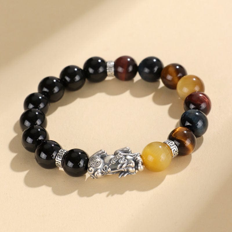 Silver Pixiu Black Agate Tiger Eye Stone Bracelet - GalaxGrace Bestgift