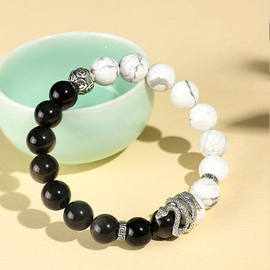 Snake Year Silver Obsidian White Turquoise Lucky Snake Bracelet - GalaxGrace Bestgift