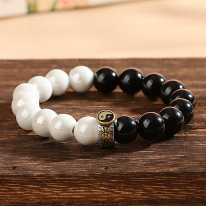 Tai Chi Beads Taoist Instruments White Porcelain Obsidian Bagua Bracelet - GalaxGrace Bestgift