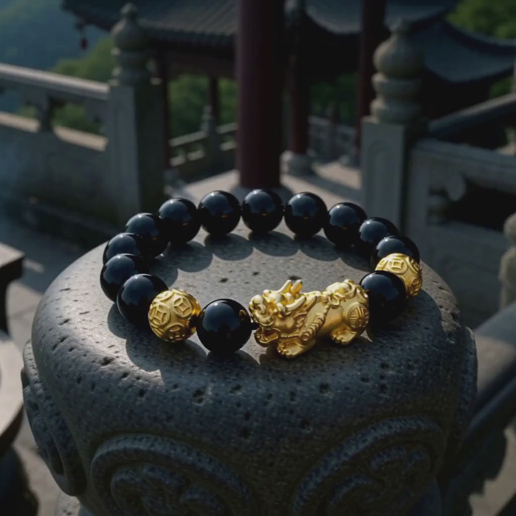 GalaxGrace Black Stone Sand Gold Pixiu Fortune Bead Bracelet Best Gift 9